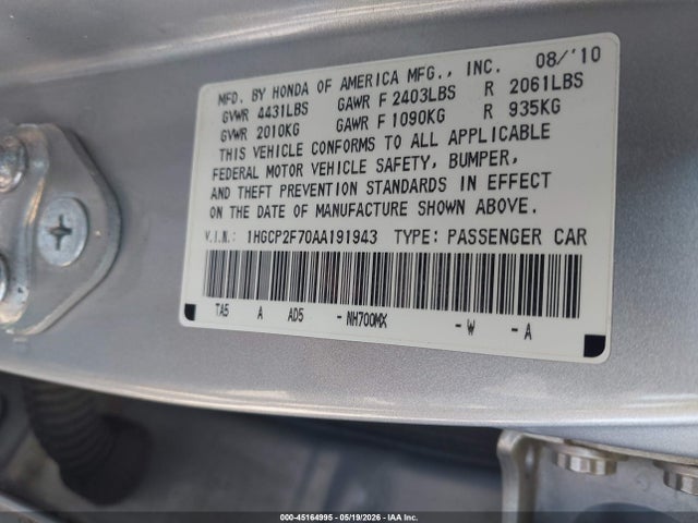 45164995 :رقم المزاد ، 1HGCP2F70AA191943 vin ، 2010 Honda Accord 2.4 Ex مزاد بيع