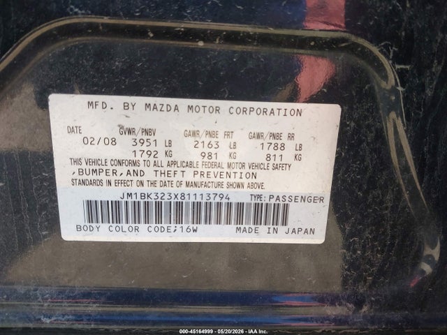 Aukcja sprzedaży 2008 Mazda Mazda3 S Grand Touring, vin: JM1BK323X81113794, numer aukcji: 45164999