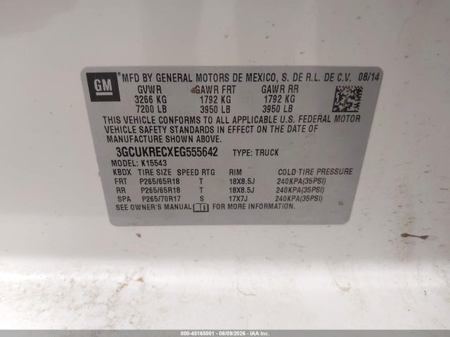 2014 Chevrolet Silverado 1500 2lt მანქანა იყიდება აუქციონზე, vin: 3GCUKRECXEG555642, აუქციონის ნომერი: 45165001