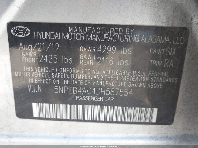 2013 Hyundai Sonata Gls მანქანა იყიდება აუქციონზე, vin: 5NPEB4AC4DH587554, აუქციონის ნომერი: 45165010