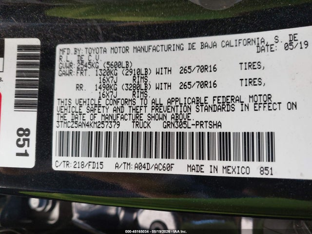 3TMCZ5AN4KM25737 Toyota Tacoma Double Cab/sr/sr5/trd Sport/trd Off Road/trd Pro