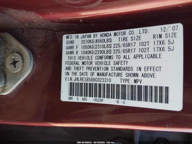 Продажа на аукционе авто 2008 Honda Cr-v Ex, vin: JHLRE38588C023310, номер лота: 45165038