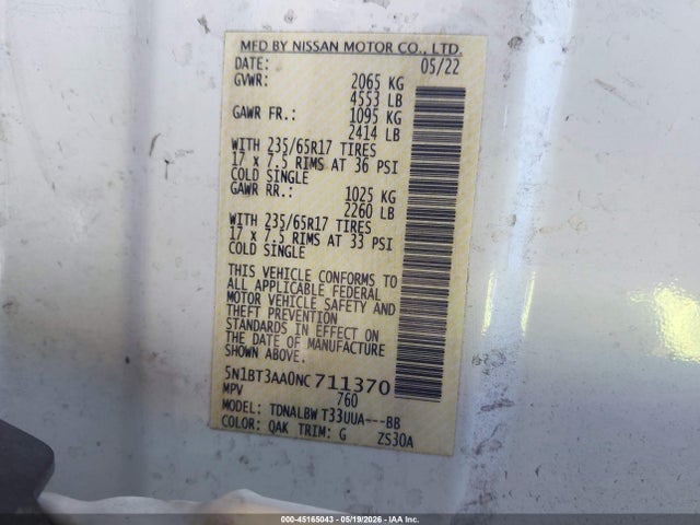 2022 Nissan Rogue S Fwd მანქანა იყიდება აუქციონზე, vin: 5N1BT3AA0NC711370, აუქციონის ნომერი: 45165043