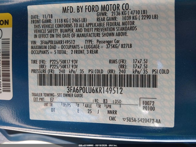 Ford Fusion Hybrid Se 2019 3FA6P0LU6KR149512 Image 9