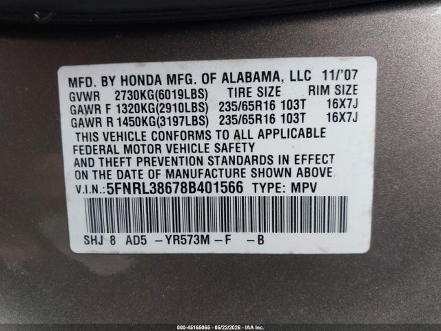 Продаж на аукціоні авто 2008 Honda Odyssey Ex-l, vin: 5FNRL38678B401566, номер лоту: 45165065