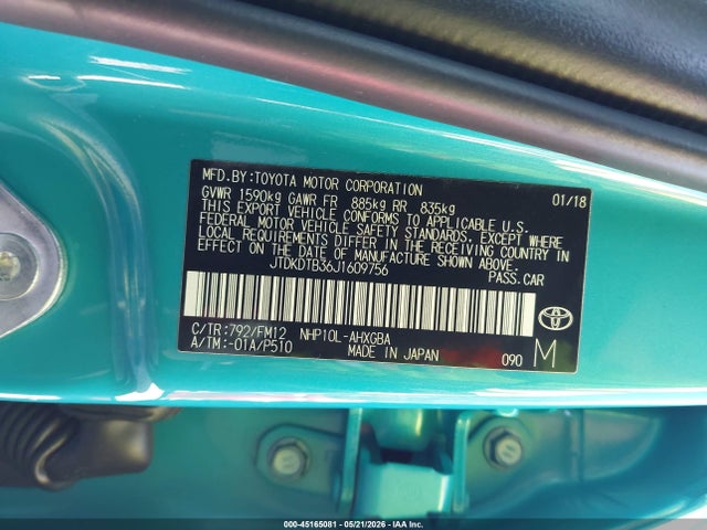 45165081 :رقم المزاد ، JTDKDTB36J1609756 vin ، 2018 Toyota Prius C Four/one/three/two مزاد بيع