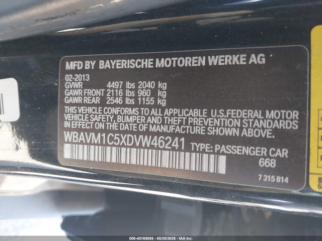 2013 Bmw X1 Sdrive28i მანქანა იყიდება აუქციონზე, vin: WBAVM1C5XDVW46241, აუქციონის ნომერი: 45165085