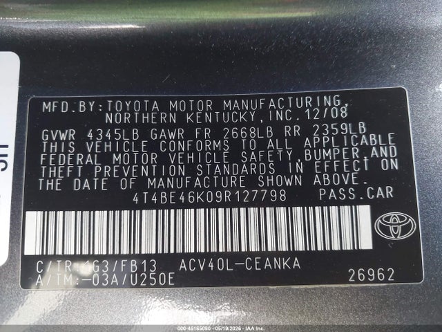 Aukcja sprzedaży 2009 Toyota Camry Le, vin: 4T4BE46K09R127798, numer aukcji: 45165090