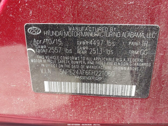 Продажа на аукционе авто 2015 Hyundai Sonata Se, vin: 5NPE24AF6FH221060, номер лота: 45165094