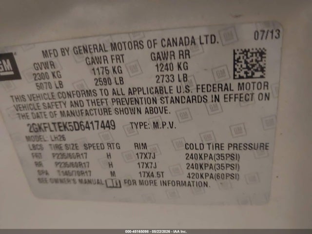 45165098 :رقم المزاد ، 2GKFLTEK5D6417449 vin ، 2013 Gmc Terrain Sle-2 مزاد بيع