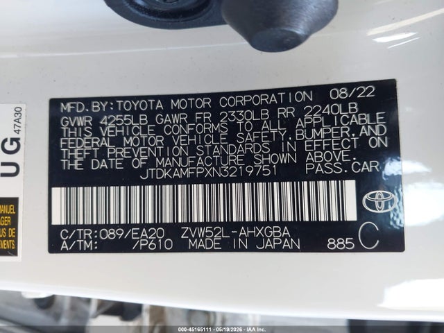 Продаж на аукціоні авто 2022 Toyota Prius Prime Xle, vin: JTDKAMFPXN3219751, номер лоту: 45165111