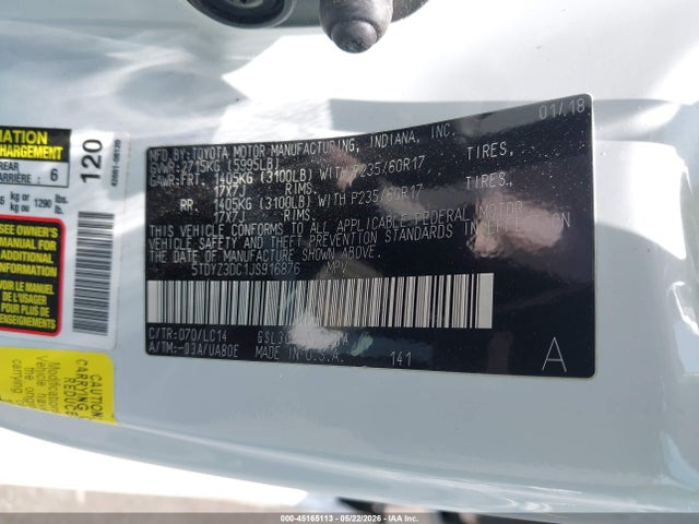 Aukcja sprzedaży 2018 Toyota Sienna Xle 8 Passenger, vin: 5TDYZ3DC1JS916876, numer aukcji: 45165113