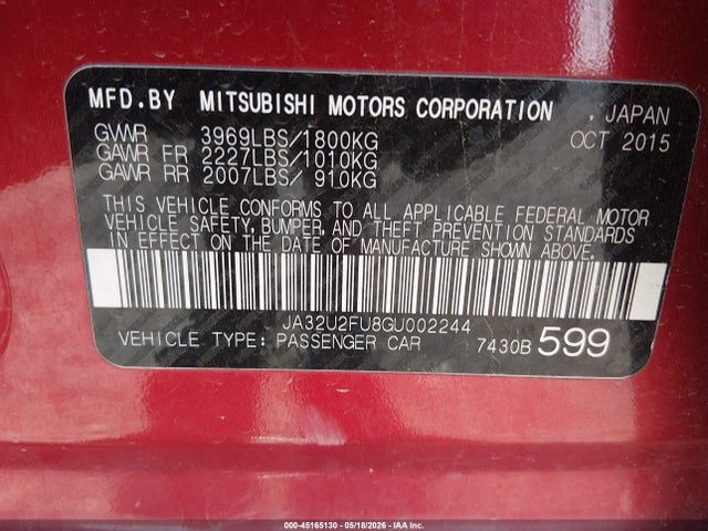 45165130 :رقم المزاد ، JA32U2FU8GU002244 vin ، 2016 Mitsubishi Lancer Es مزاد بيع