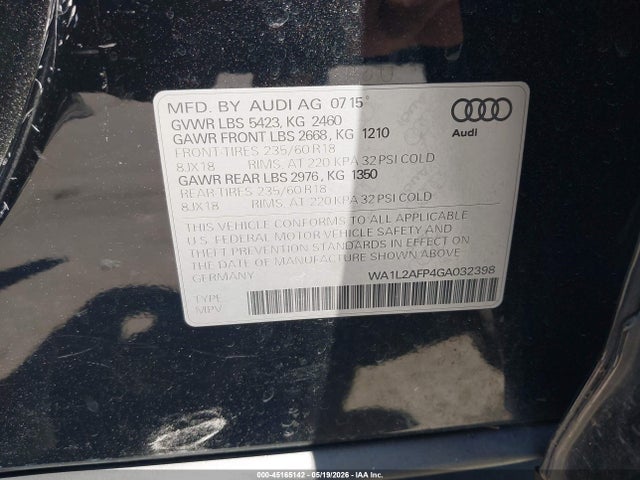 Продаж на аукціоні авто 2016 Audi Q5 2.0t Premium, vin: WA1L2AFP4GA032398, номер лоту: 45165142