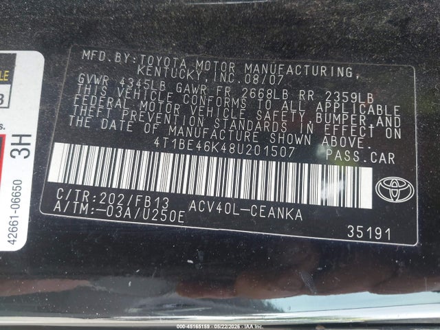 Продаж на аукціоні авто 2008 Toyota Camry Le, vin: 4T1BE46K48U201507, номер лоту: 45165159