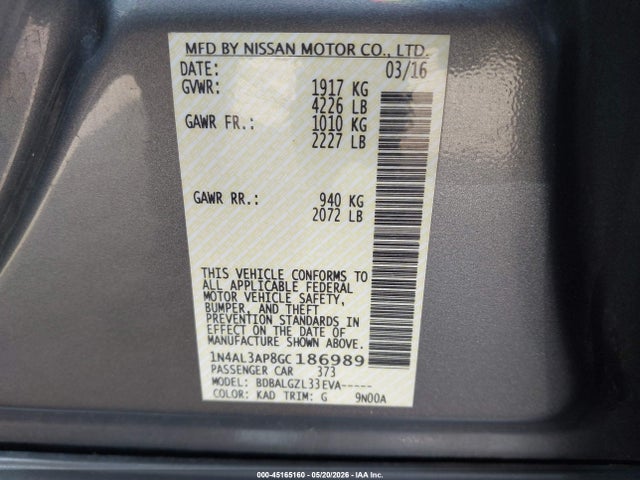 Aukcja sprzedaży 2016 Nissan Altima 2.5/2.5 S/2.5 Sl/2.5 Sr/2.5 Sv, vin: 1N4AL3AP8GC186989, numer aukcji: 45165160