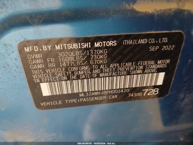 Aukcja sprzedaży 2023 Mitsubishi Mirage Black Edition/ralliart/se, vin: ML32AWHJ8PH001420, numer aukcji: 45165167