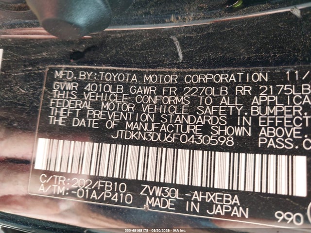 Aukcja sprzedaży 2015 Toyota Prius Two, vin: JTDKN3DU6F0430598, numer aukcji: 45165178