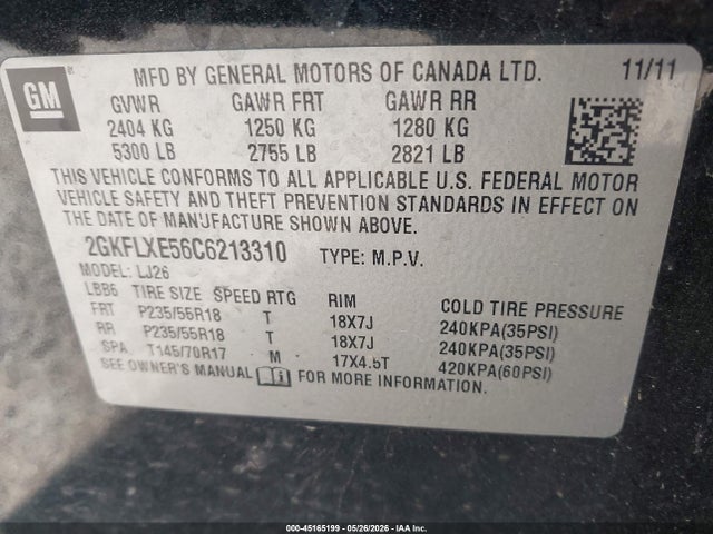 45165199 :رقم المزاد ، 2GKFLXE56C6213310 vin ، 2012 Gmc Terrain Slt-2 مزاد بيع
