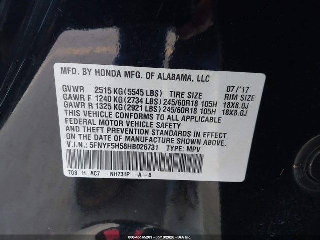 Aukcja sprzedaży 2017 Honda Pilot Ex-l, vin: 5FNYF5H58HB026731, numer aukcji: 45165201