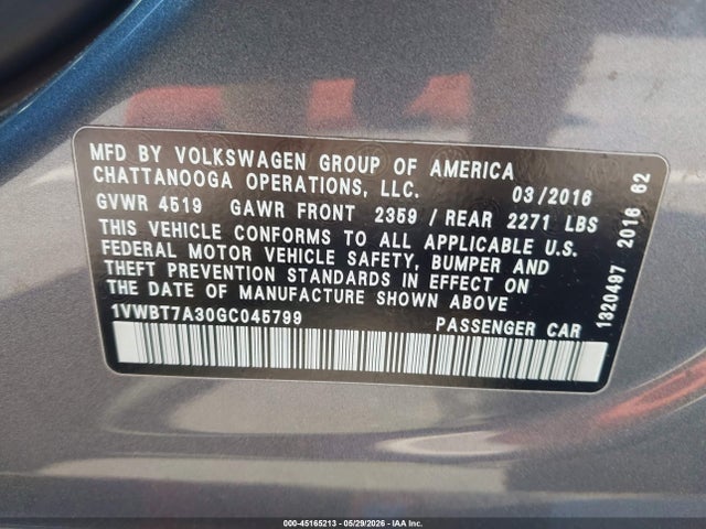 Продажа на аукционе авто 2016 Volkswagen Passat 1.8t Se, vin: 1VWBT7A30GC045799, номер лота: 45165213