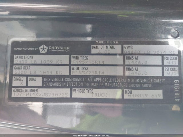 Aukcja sprzedaży 1988 Dodge Dakota, vin: 1B7FN14X2JS750725, numer aukcji: 45165244