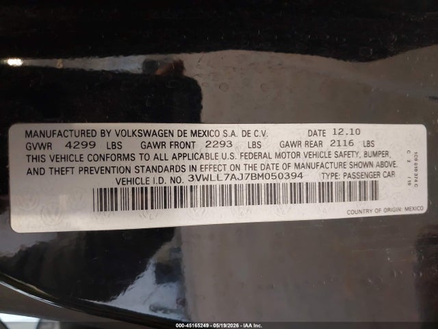 Продажа на аукционе авто 2011 Volkswagen Jetta 2.0l Tdi, vin: 3VWLL7AJ7BM050394, номер лота: 45165249