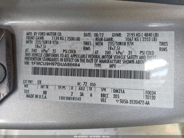 Продажа на аукционе авто 2013 Ford Escape Sel, vin: 1FMCU9H97DUA86684, номер лота: 45165253
