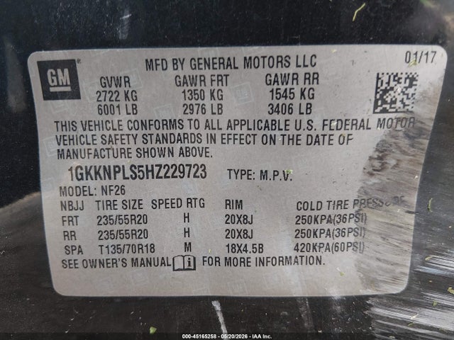 45165258 :رقم المزاد ، 1GKKNPLS5HZ229723 vin ، 2017 Gmc Acadia Denali مزاد بيع
