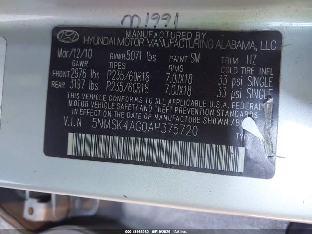 Продаж на аукціоні авто 2010 Hyundai Santa Fe Limited V6, vin: 5NMSK4AG0AH375720, номер лоту: 45165260