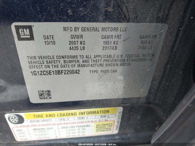 45165266 :رقم المزاد ، 1G1ZC5E10BF229042 vin ، 2011 Chevrolet Malibu 1lt مزاد بيع