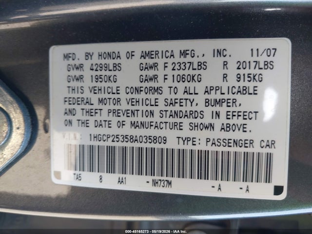Aukcja sprzedaży 2008 Honda Accord 2.4 Lx, vin: 1HGCP25358A035809, numer aukcji: 45165273