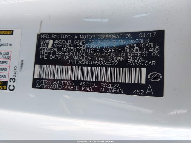 Aukcja sprzedaży 2017 Lexus Rc 200t, vin: JTHHA5BC1H5006522, numer aukcji: 45165279