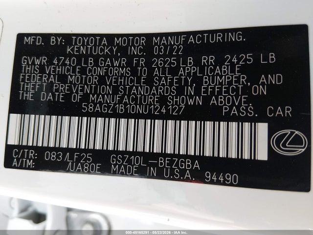 45165291 :رقم المزاد ، 58AGZ1B10NU124127 vin ، 2022 Lexus Es 350 F Sport مزاد بيع