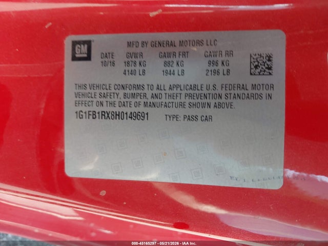 2017 Chevrolet Camaro 1lt მანქანა იყიდება აუქციონზე, vin: 1G1FB1RX8H0149691, აუქციონის ნომერი: 45165297