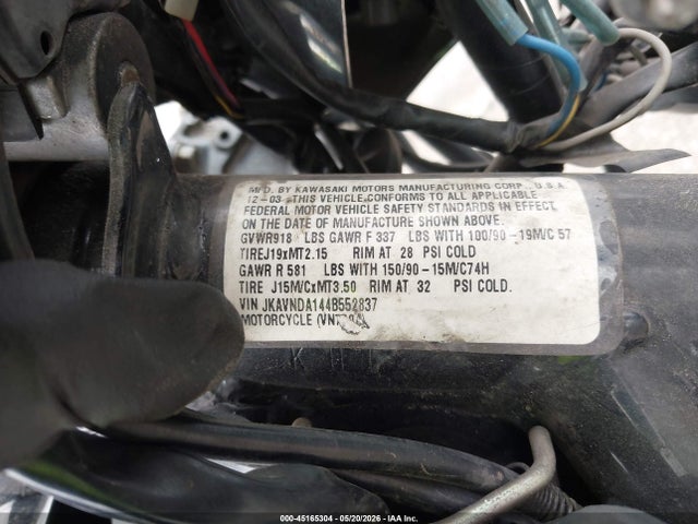 45165304 :رقم المزاد ، JKAVNDA144B552837 vin ، 2004 Kawasaki Vn750 مزاد بيع