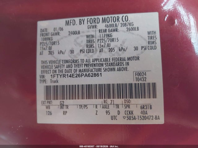 45165307 :رقم المزاد ، 1FTYR14E26PA62861 vin ، 2006 Ford Ranger Sport/stx/xl/xlt مزاد بيع