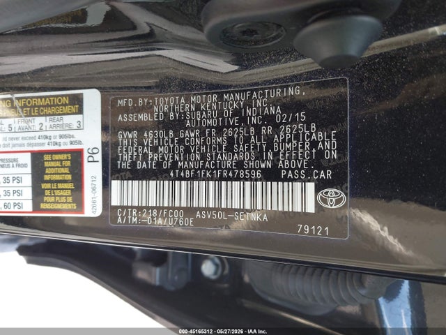 4T4BF1FK1FR478596 Toyota CAMRY LE