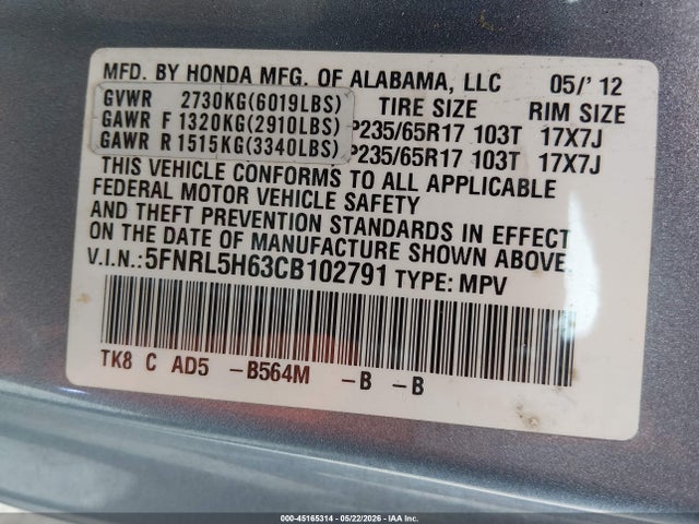 Aukcja sprzedaży 2012 Honda Odyssey Ex-l, vin: 5FNRL5H63CB102791, numer aukcji: 45165314
