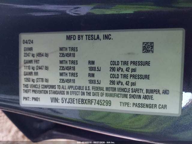 Продажа на аукционе авто 2024 Tesla Model 3 Long Range Dual Motor All-wheel Drive, vin: 5YJ3E1EBXRF745299, номер лота: 45165315