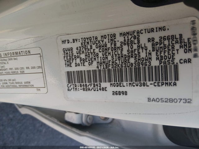 Aukcja sprzedaży 2003 Toyota Camry Le V6, vin: 4T1BF32K63U038963, numer aukcji: 45165320