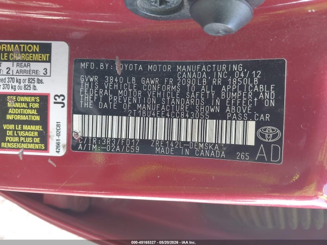 45165327 :رقم المزاد ، 2T1BU4EE4CC843055 vin ، 2012 Toyota Corolla S مزاد بيع