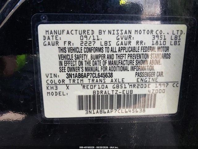 Продаж на аукціоні авто 2012 Nissan Sentra 2.0 S, vin: 3N1AB6AP7CL645638, номер лоту: 45165328