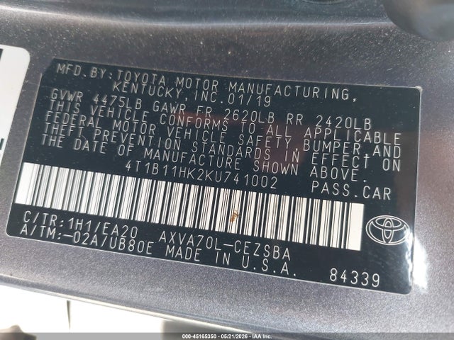 Aukcja sprzedaży 2019 Toyota Camry Se, vin: 4T1B11HK2KU741002, numer aukcji: 45165350