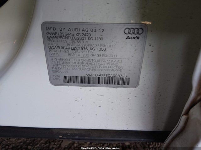 Продажа на аукционе авто 2012 Audi Q5 2.0t Premium, vin: WA1LFAFP8CA098726, номер лота: 45165357