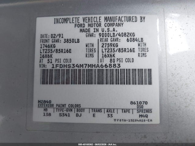 45165362 :رقم المزاد ، 1FDHS34M7MHA66883 vin ، 1991 Ford Econoline E350 Super Duty Van مزاد بيع