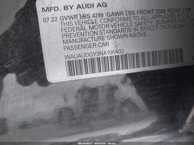 45165377 :رقم المزاد ، WAUAUDGY3NA105402 vin ، 2022 Audi A3 Premium 40 Tfsi Front-wheel Drive S Tronic مزاد بيع
