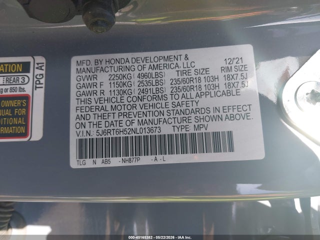 2022 Honda Cr-v Hybrid Ex მანქანა იყიდება აუქციონზე, vin: 5J6RT6H52NL013673, აუქციონის ნომერი: 45165382