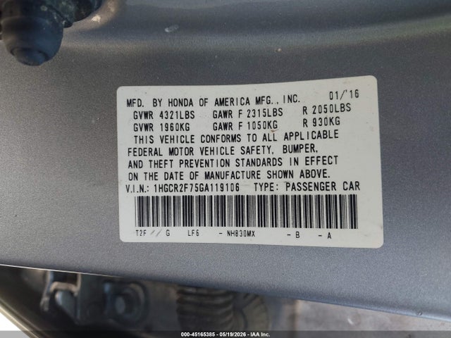 Honda ACCORD EX 2016 1HGCR2F75GA119106 Image 9