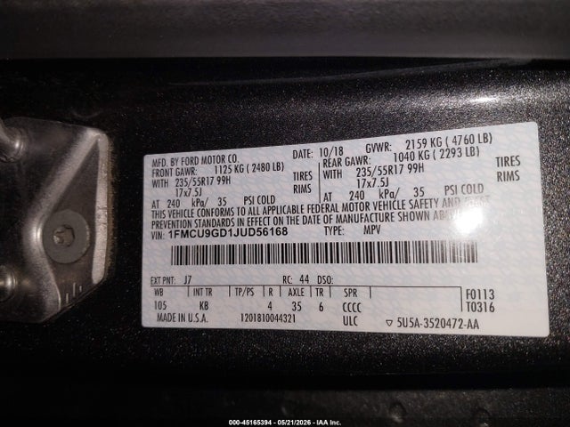 Aukcja sprzedaży 2018 Ford Escape Se, vin: 1FMCU9GD1JUD56168, numer aukcji: 45165394